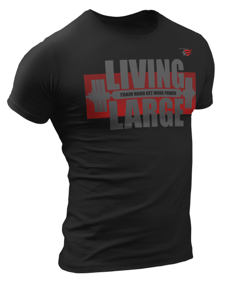 The image shows the front of a black sports t-shirt Gymstar with the text 'LIVING LARGE' and a graphic of a barbell and logo.