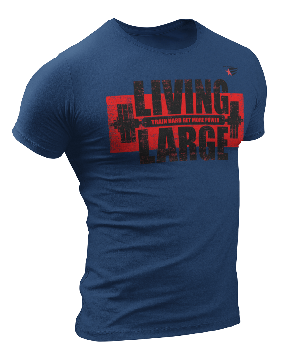 The image shows the front of a navy blue sports t-shirt Gymstar with the text 'LIVING LARGE' and a graphic of a barbell and logo.