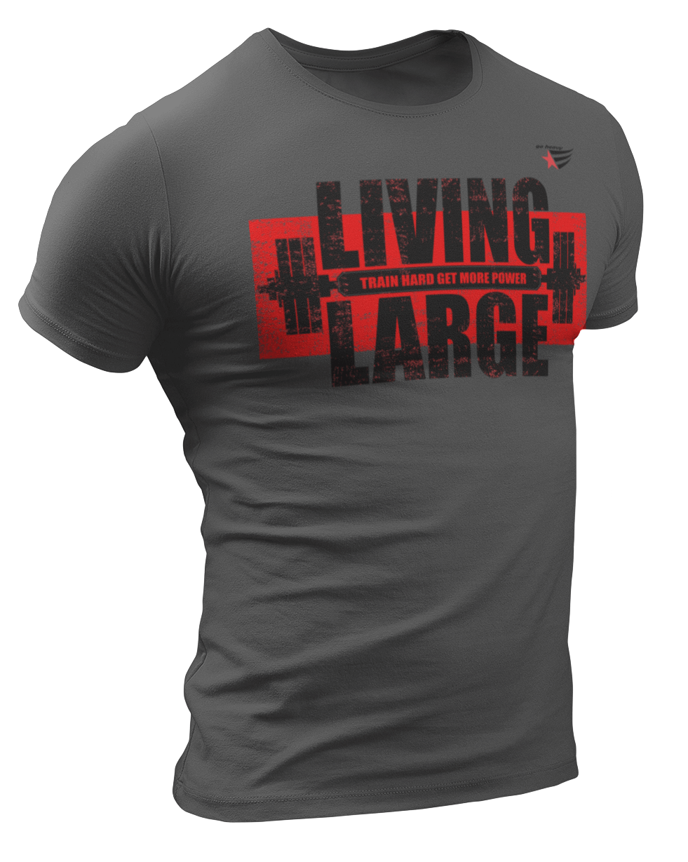 The image shows the front of a grey sports t-shirt Gymstar with the text 'LIVING LARGE' and a graphic of a barbell and logo.