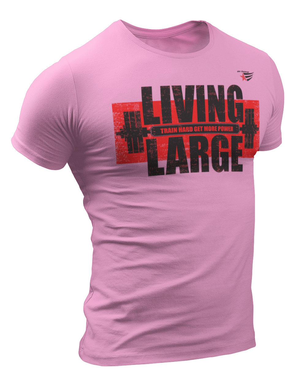 The image shows the front of a pink sports t-shirt Gymstar with the text 'LIVING LARGE' and a graphic of a barbell and logo.
