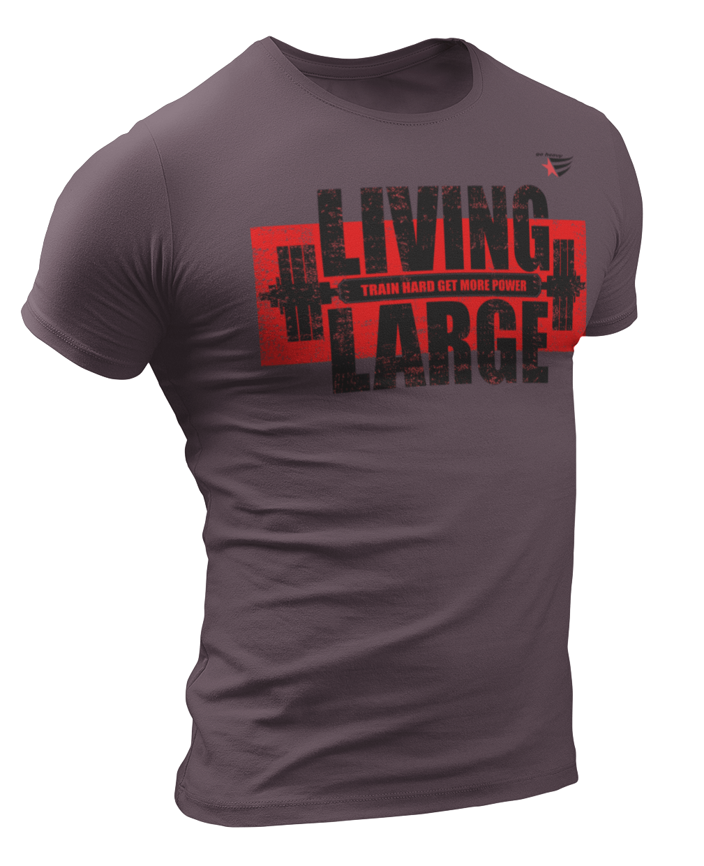 The image shows the front of a rosa sports t-shirt Gymstar with the text 'LIVING LARGE' and a graphic of a barbell and logo.