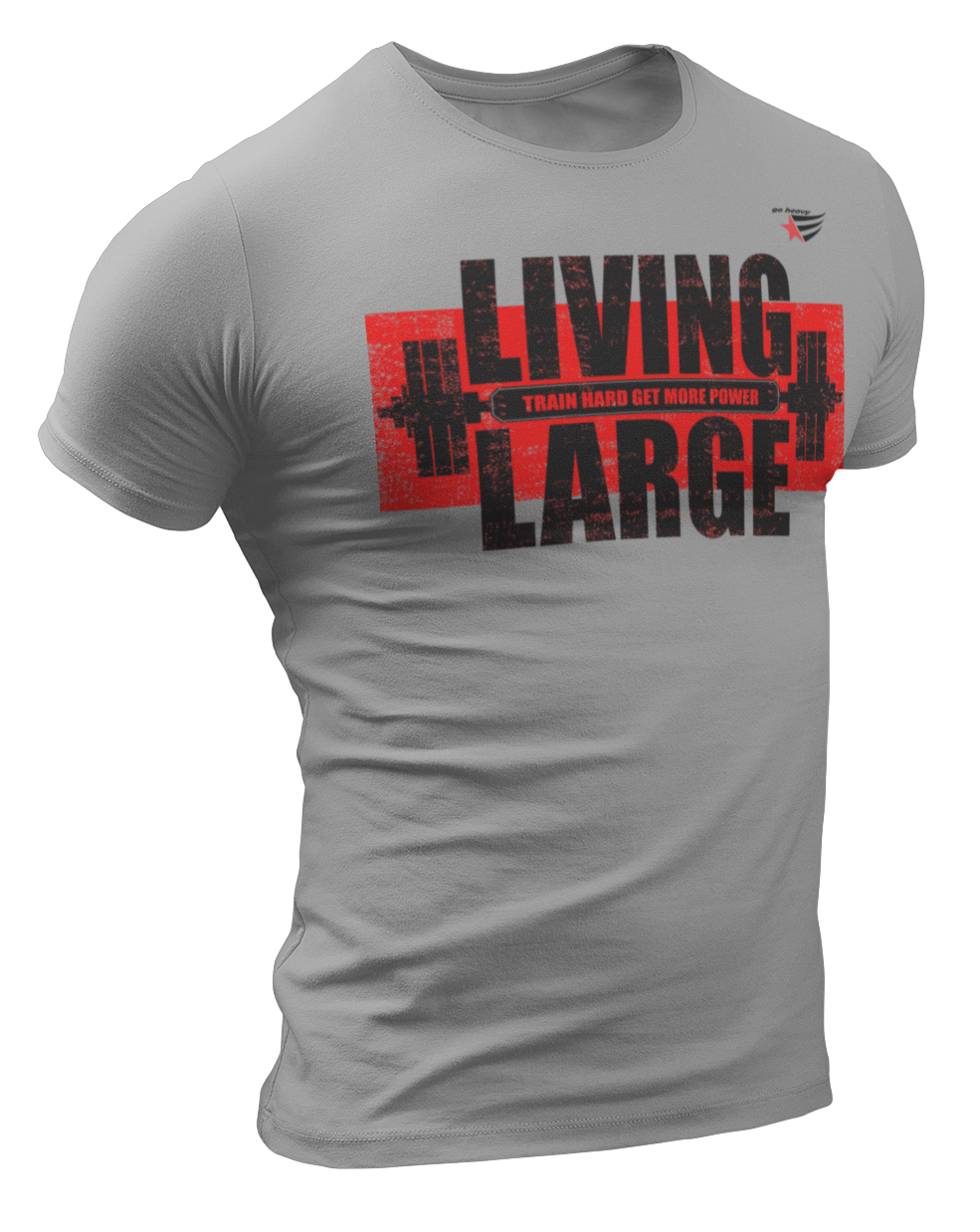 The image shows the front of a beige sports t-shirt Gymstar with the text 'LIVING LARGE' and a graphic of a barbell and logo.