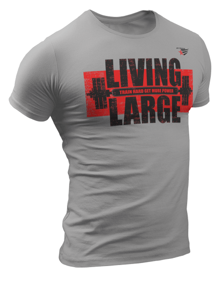The image shows the front of a beige sports t-shirt Gymstar with the text 'LIVING LARGE' and a graphic of a barbell and logo.