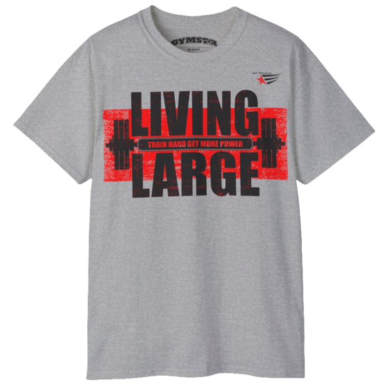 Gymstar silver grey t-shirt, designed for heavy workout enthusiasts. The chest features a large, distressed print depicting a barbell and motivational text. The "LIVING LARGE" text is a standout red color, and the "TRAIN HARD GET MORE POWER" message makes it a perfect choice for weightlifting and gym training. Front view.