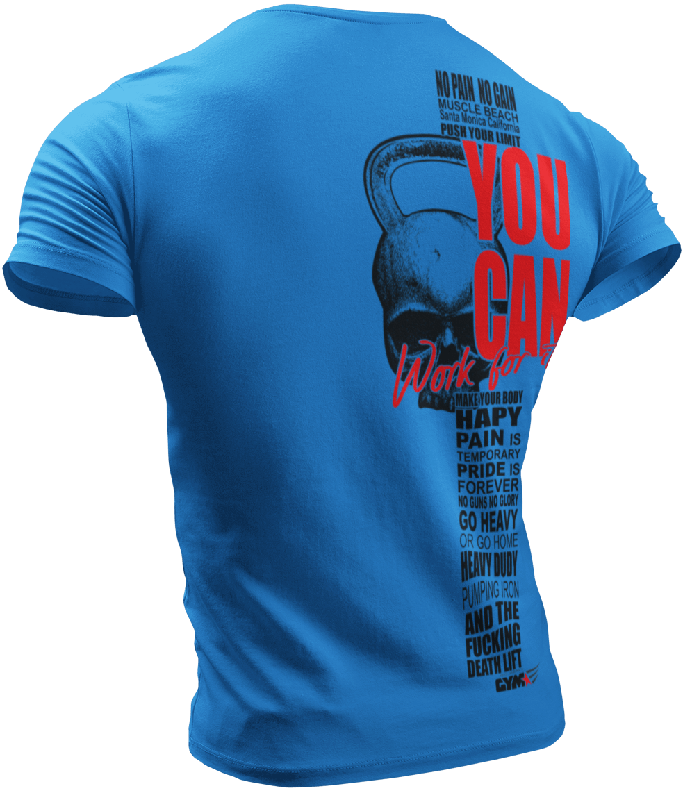 The image shows the back of  blue sports t-shirt Gymstar with the text 'YOU CAN' and a graphic of a Skull Kettlebell.