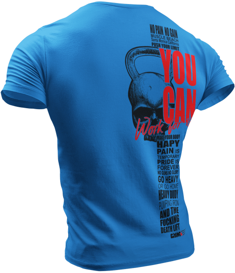 The image shows the back of  blue sports t-shirt Gymstar with the text 'YOU CAN' and a graphic of a Skull Kettlebell.