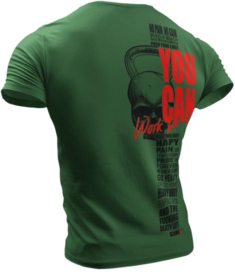 The image shows the back of  green sports t-shirt Gymstar with the text 'YOU CAN' and a graphic of a Skull Kettlebell.