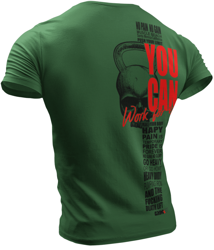 The image shows the back of  green sports t-shirt Gymstar with the text 'YOU CAN' and a graphic of a Skull Kettlebell.