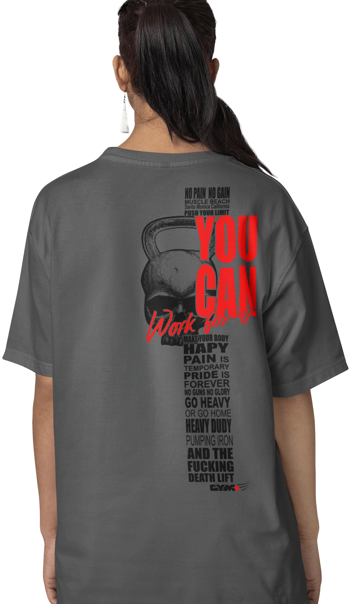 The image shows the back of a woman wearing a gray sports t-shirt Gymstar with the text 'YOU CAN' and a graphic of a Skull Kettlebell.