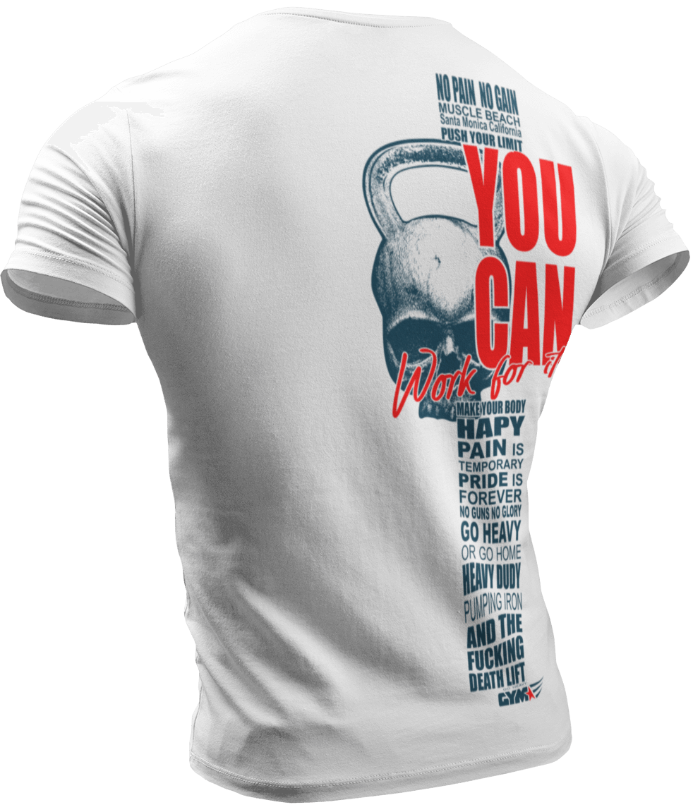 The image shows the back of  white sports t-shirt Gymstar with the text 'YOU CAN' and a graphic of a Skull Kettlebell.