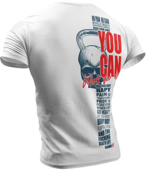 The image shows the back of  white sports t-shirt Gymstar with the text 'YOU CAN' and a graphic of a Skull Kettlebell.