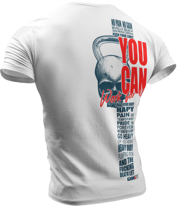The image shows the back of  white sports t-shirt Gymstar with the text 'YOU CAN' and a graphic of a Skull Kettlebell.