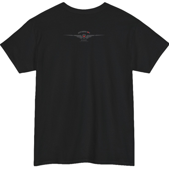 A black Gymstar workout tee with a black graphic that reads 'GYM',  bodybuilder silhouettte and logo, presumably bodybulding or fitness.  Rear view.