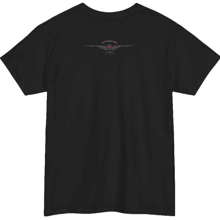 A black Gymstar workout tee with a black graphic that reads 'GYM',  bodybuilder silhouettte and logo, presumably bodybulding or fitness.  Rear view.