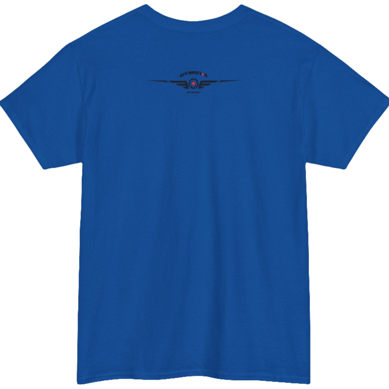 A blue Gymstar workout tee with a black graphic that reads 'GYM',  bodybuilder silhouettte and logo, presumably bodybulding or fitness.  Rear view.