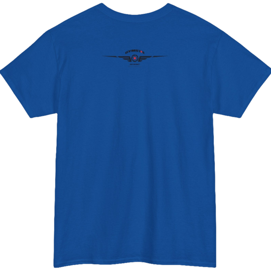 A blue Gymstar workout tee with a black graphic that reads 'GYM',  bodybuilder silhouettte and logo, presumably bodybulding or fitness.  Rear view.