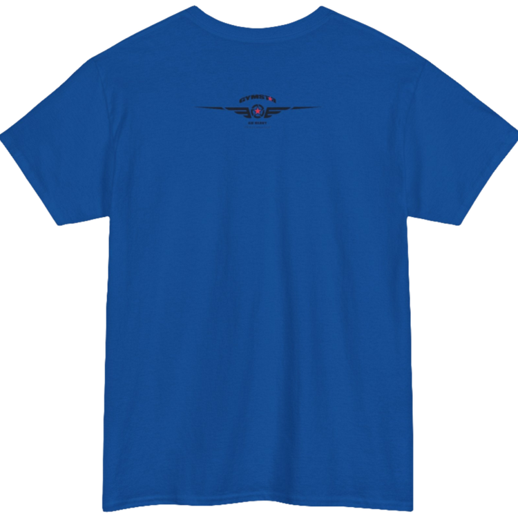 A blue Gymstar workout tee with a black graphic that reads 'GYM',  bodybuilder silhouettte and logo, presumably bodybulding or fitness.  Rear view.