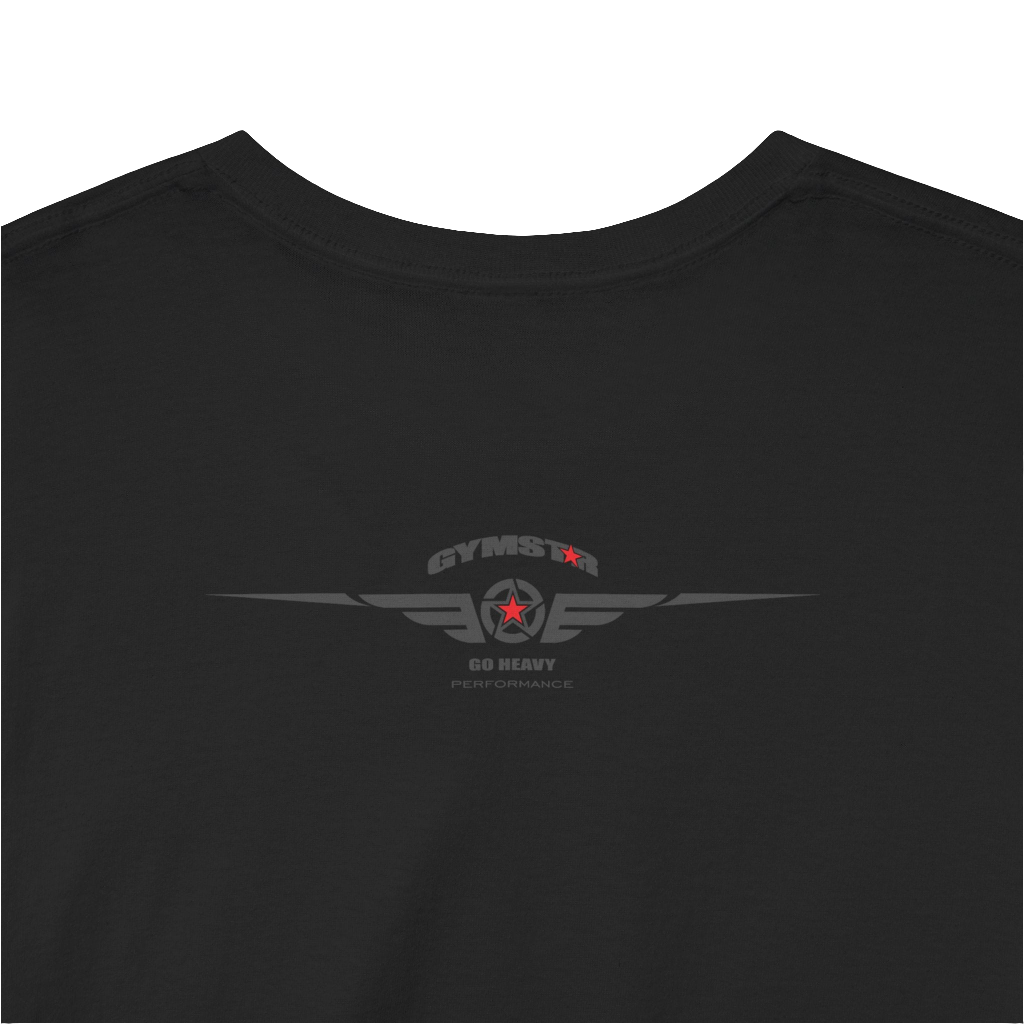 A black Gymstar workout tee with a black graphic that reads 'GYM',  bodybuilder silhouettte and logo, presumably bodybulding or fitness.  Rear Logo Close up view.