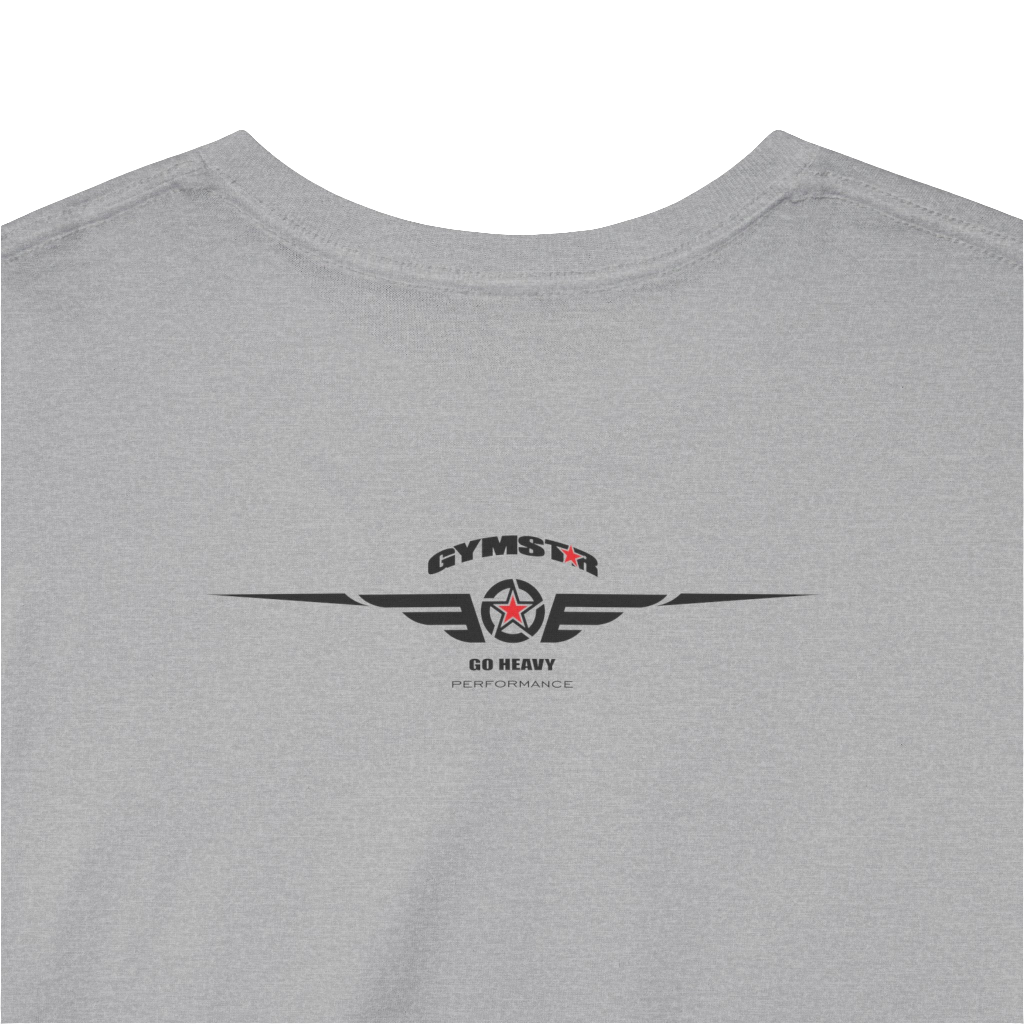 A silver grey Gymstar workout tee with a black graphic that reads 'GYM',  bodybuilder silhouettte and logo, presumably bodybulding or fitness.  Rear Logo Close up view.