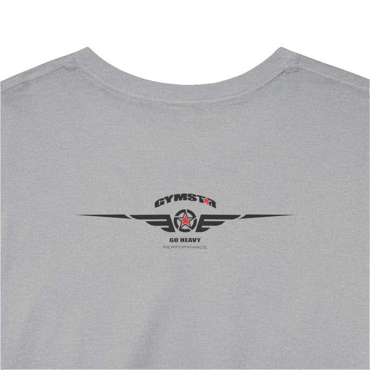 A silver grey Gymstar workout tee with a black graphic that reads 'GYM',  bodybuilder silhouettte and logo, presumably bodybulding or fitness.  Rear Logo Close up view.
