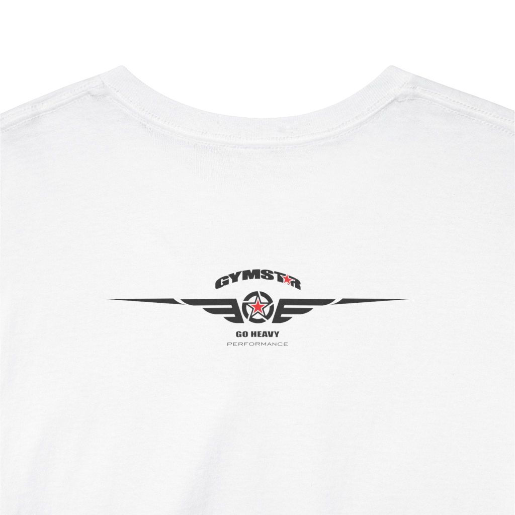 A white Gymstar workout tee with a black graphic that reads 'GYM',  bodybuilder silhouettte and logo, presumably bodybulding or fitness.  Rear Logo Close up view.
