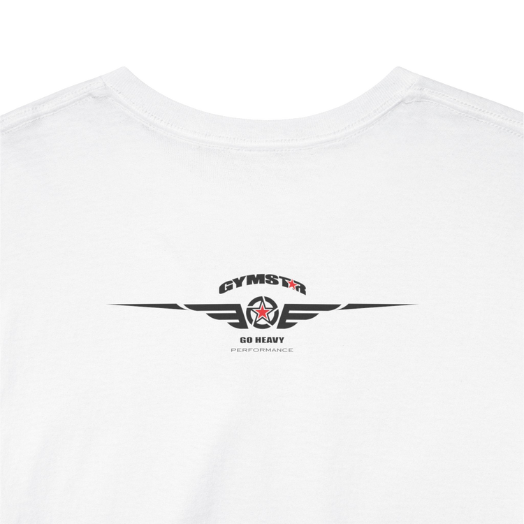 A white Gymstar workout tee with a black graphic that reads 'GYM',  bodybuilder silhouettte and logo, presumably bodybulding or fitness.  Rear Logo Close up view.