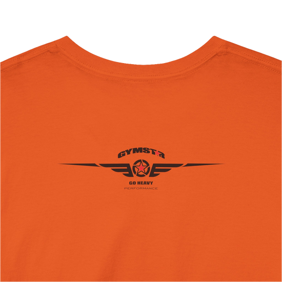 A orange Gymstar workout tee with a black graphic that reads 'GYM',  bodybuilder silhouettte and logo, presumably bodybulding or fitness.  Rear Logo Close up view.