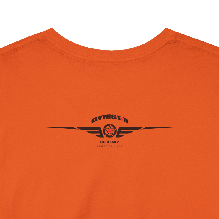 A orange Gymstar workout tee with a black graphic that reads 'GYM',  bodybuilder silhouettte and logo, presumably bodybulding or fitness.  Rear Logo Close up view.