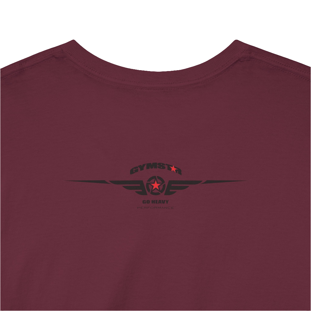 A ruby Gymstar workout tee with a black graphic that reads 'GYM',  bodybuilder silhouettte and logo, presumably bodybulding or fitness.  Rear Logo Close up view.