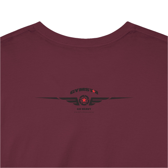 A ruby Gymstar workout tee with a black graphic that reads 'GYM',  bodybuilder silhouettte and logo, presumably bodybulding or fitness.  Rear Logo Close up view.