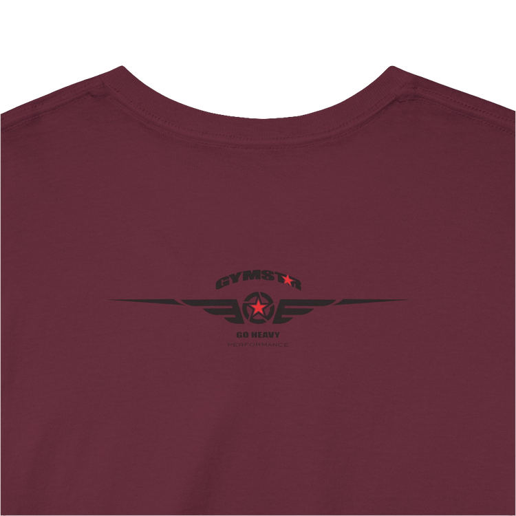 A ruby Gymstar workout tee with a black graphic that reads 'GYM',  bodybuilder silhouettte and logo, presumably bodybulding or fitness.  Rear Logo Close up view.