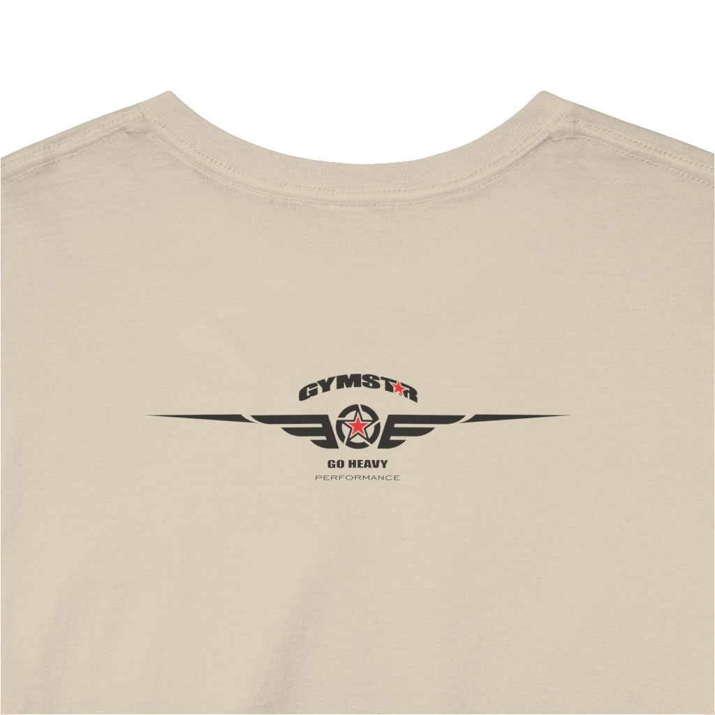A beige Gymstar workout tee with a black graphic that reads 'GYM',  bodybuilder silhouettte and logo, presumably bodybulding or fitness.  Rear Logo Close up view.