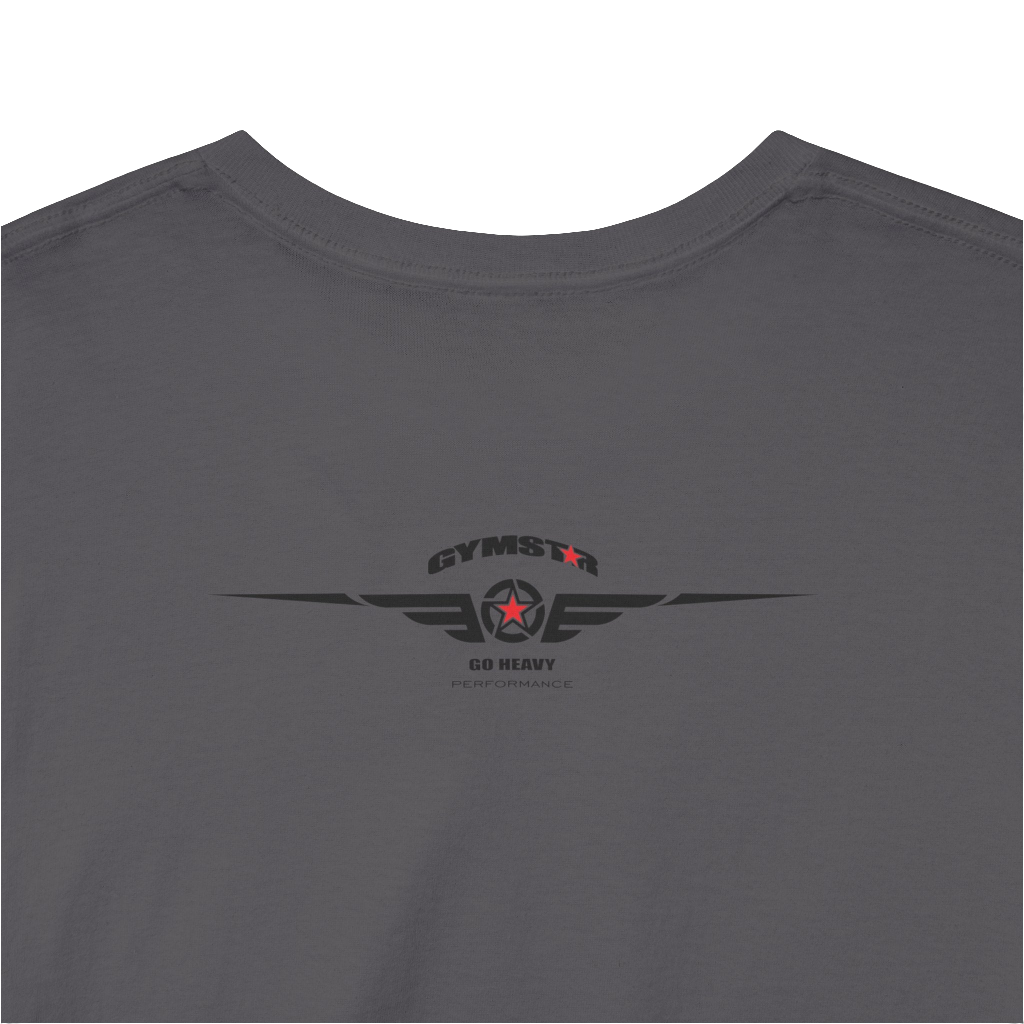 A sport grey Gymstar workout tee with a black graphic that reads 'GYM',  bodybuilder silhouettte and logo, presumably bodybulding or fitness.  Rear Logo Close up view.