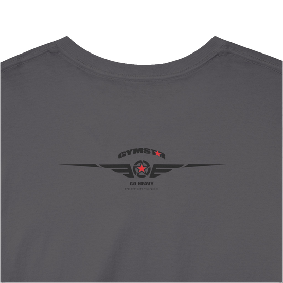 A sport grey Gymstar workout tee with a black graphic that reads 'GYM',  bodybuilder silhouettte and logo, presumably bodybulding or fitness.  Rear Logo Close up view.