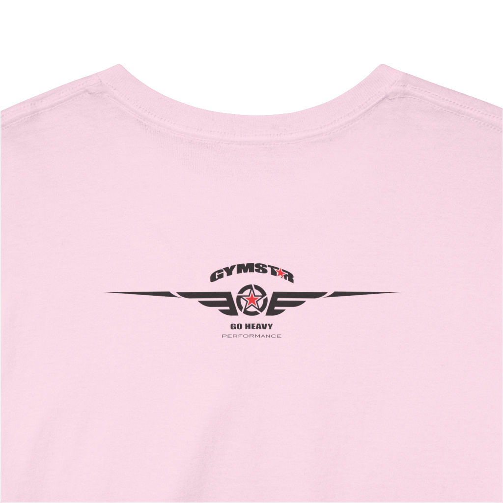 A pink Gymstar workout tee with a black graphic that reads 'GYM',  bodybuilder silhouettte and logo, presumably bodybulding or fitness.  Rear Logo Close up view.