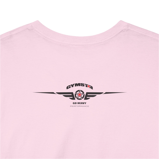 A pink Gymstar workout tee with a black graphic that reads 'GYM',  bodybuilder silhouettte and logo, presumably bodybulding or fitness.  Rear Logo Close up view.