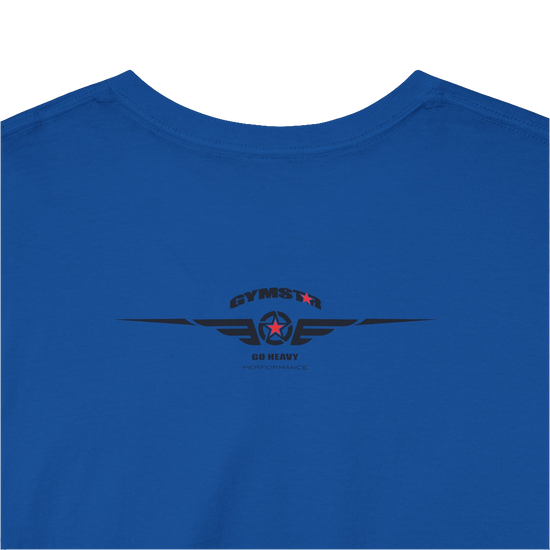 A blue Gymstar workout tee with a black graphic that reads 'GYM',  bodybuilder silhouettte and logo, presumably bodybulding or fitness.  Rear Logo Close up view.