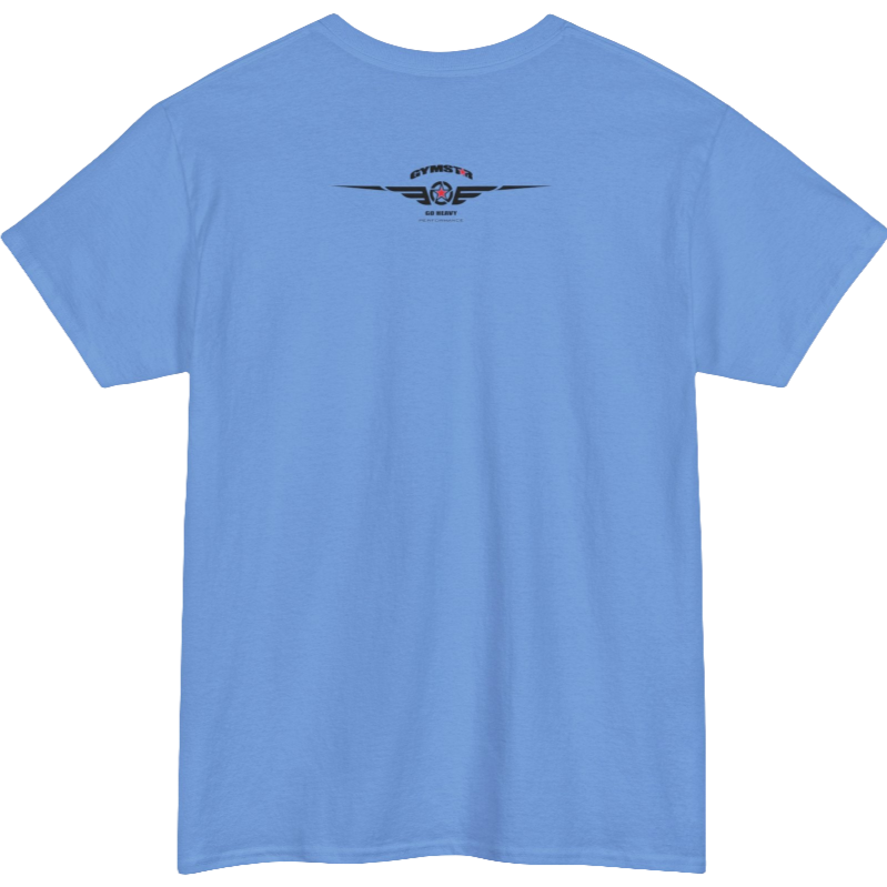 A Carolina blue Gymstar workout tee with a black graphic that reads 'Rock And Grow',  barbell and logo, presumably bodybulding or fitness.  Rear view.