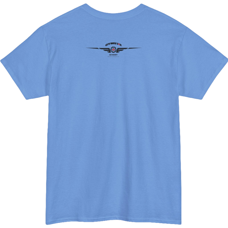A Carolina blue Gymstar workout tee with a black graphic that reads 'Rock And Grow',  barbell and logo, presumably bodybulding or fitness.  Rear view.