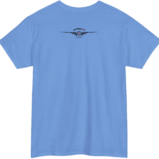 A Carolina blue Gymstar workout tee with a black graphic that reads 'GYM',  bodybuilder silhouettte and logo, presumably bodybulding or fitness.  Rear view.