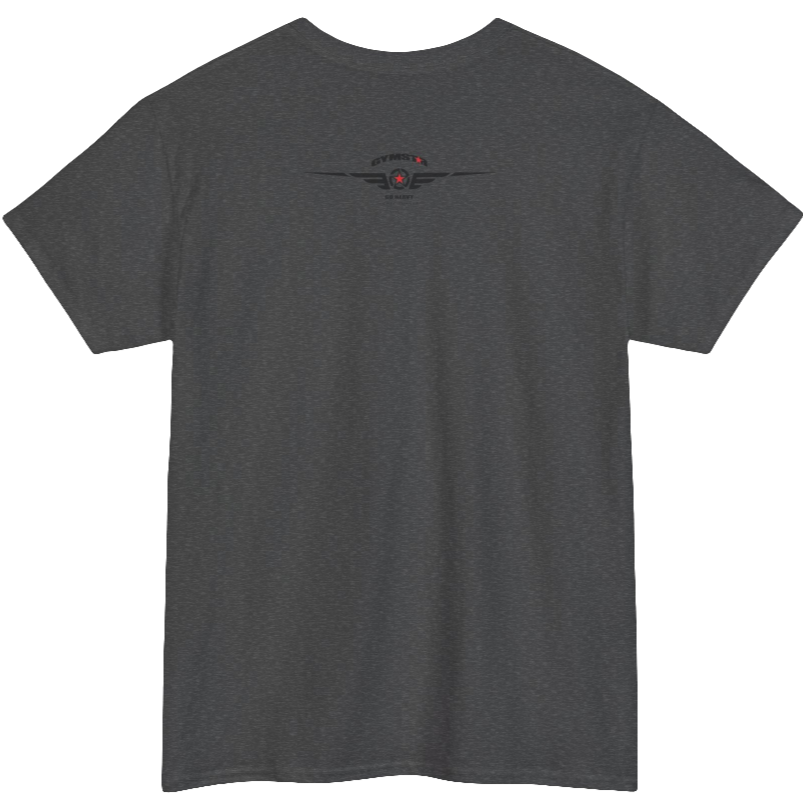 A grey Gymstar workout tee with a black graphic that reads 'GYM',  bodybuilder silhouettte and logo, presumably bodybulding or fitness.  Rear view.