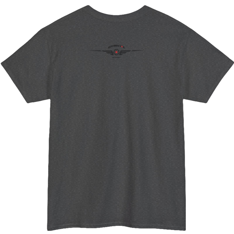 A grey Gymstar workout tee with a black graphic that reads 'GYM',  bodybuilder silhouettte and logo, presumably bodybulding or fitness.  Rear view.