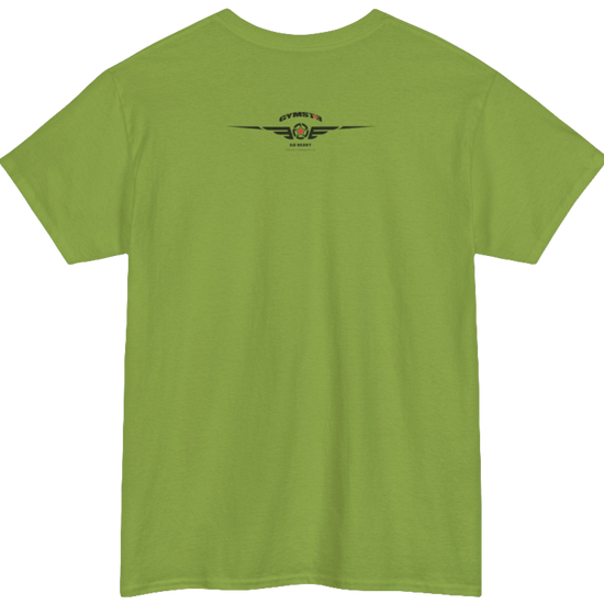 A kiwi Gymstar workout tee with a black graphic that reads 'GYM',  bodybuilder silhouettte and logo, presumably bodybulding or fitness.  Rear  view.