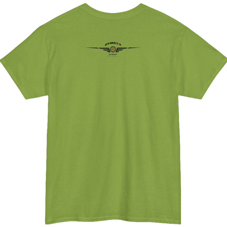 A kiwi Gymstar workout tee with a black graphic that reads 'GYM',  bodybuilder silhouettte and logo, presumably bodybulding or fitness.  Rear  view.