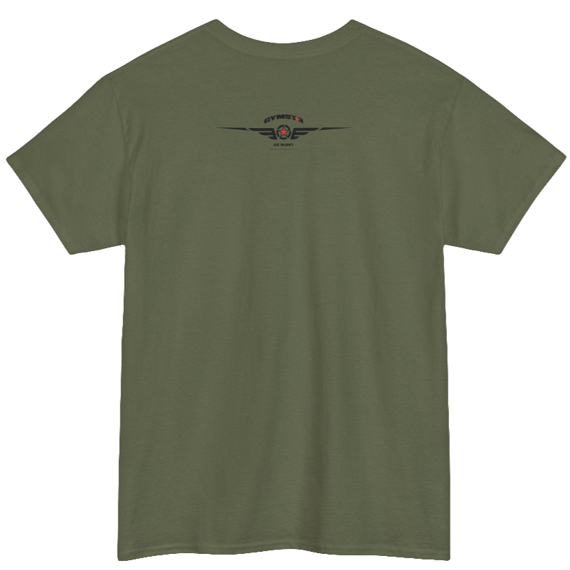 A military Gymstar workout tee with a black graphic that reads 'Rock And Grow',  barbell and logo, presumably bodybulding or fitness.  Rear view.