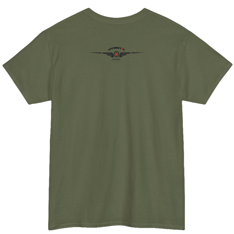 A military Gymstar workout tee with a black graphic that reads 'Rock And Grow',  barbell and logo, presumably bodybulding or fitness.  Rear view.