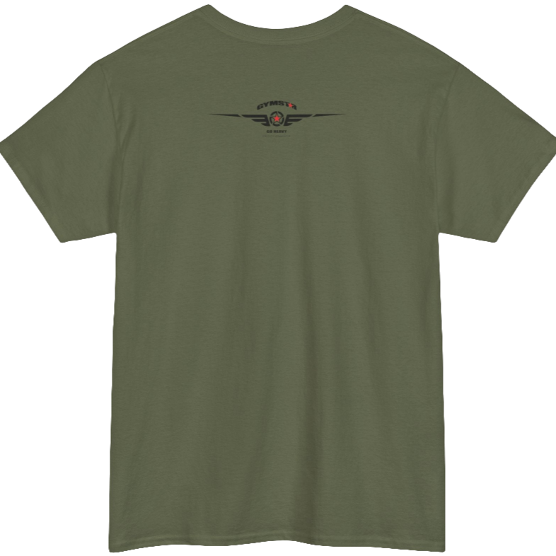 A military green Gymstar workout tee with a black graphic that reads 'GYM',  bodybuilder silhouettte and logo, presumably bodybulding or fitness.  Rear  view.