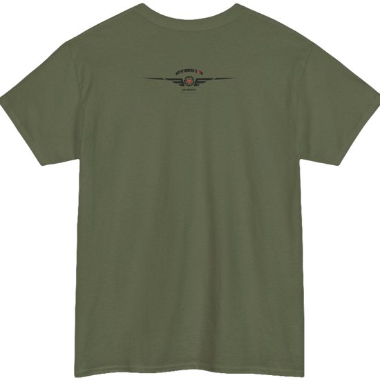 A military green Gymstar workout tee with a black graphic that reads 'GYM',  bodybuilder silhouettte and logo, presumably bodybulding or fitness.  Rear  view.