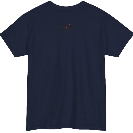 A navy blue Gymstar workout tee with a black graphic that reads 'GYM',  bodybuilder silhouettte and logo, presumably bodybulding or fitness.  Rear view.