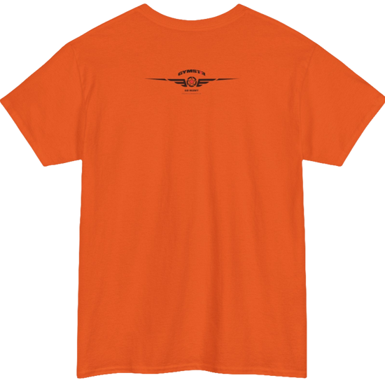A orange Gymstar workout tee with a black graphic that reads 'GYM',  bodybuilder silhouettte and logo, presumably bodybulding or fitness.  Rear  view.